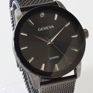Geneva Men's Dress Watch Gun Metal Finish Diamond At 12 Milanese Bracelet 42mm